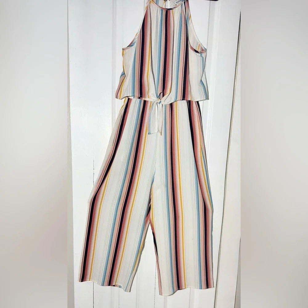 Speechless Romper Jumpsuit Size M Striped Halter Tie Front Wide Leg Boho - Picture 5 of 8